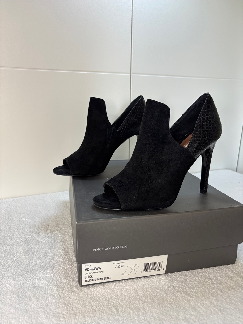 Vince Camuto Black Suede Open-Toe Snake-Accent Stiletto Heels